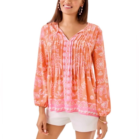 Lilly Pulitzer Tops - Lilly Pulitzer Marilina Long Sleeve Tunic Top Blouse XL Orange print